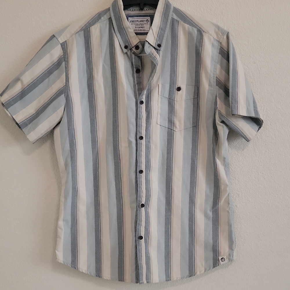 Free Planet Men's Casual Striped Shirt - Blue and White